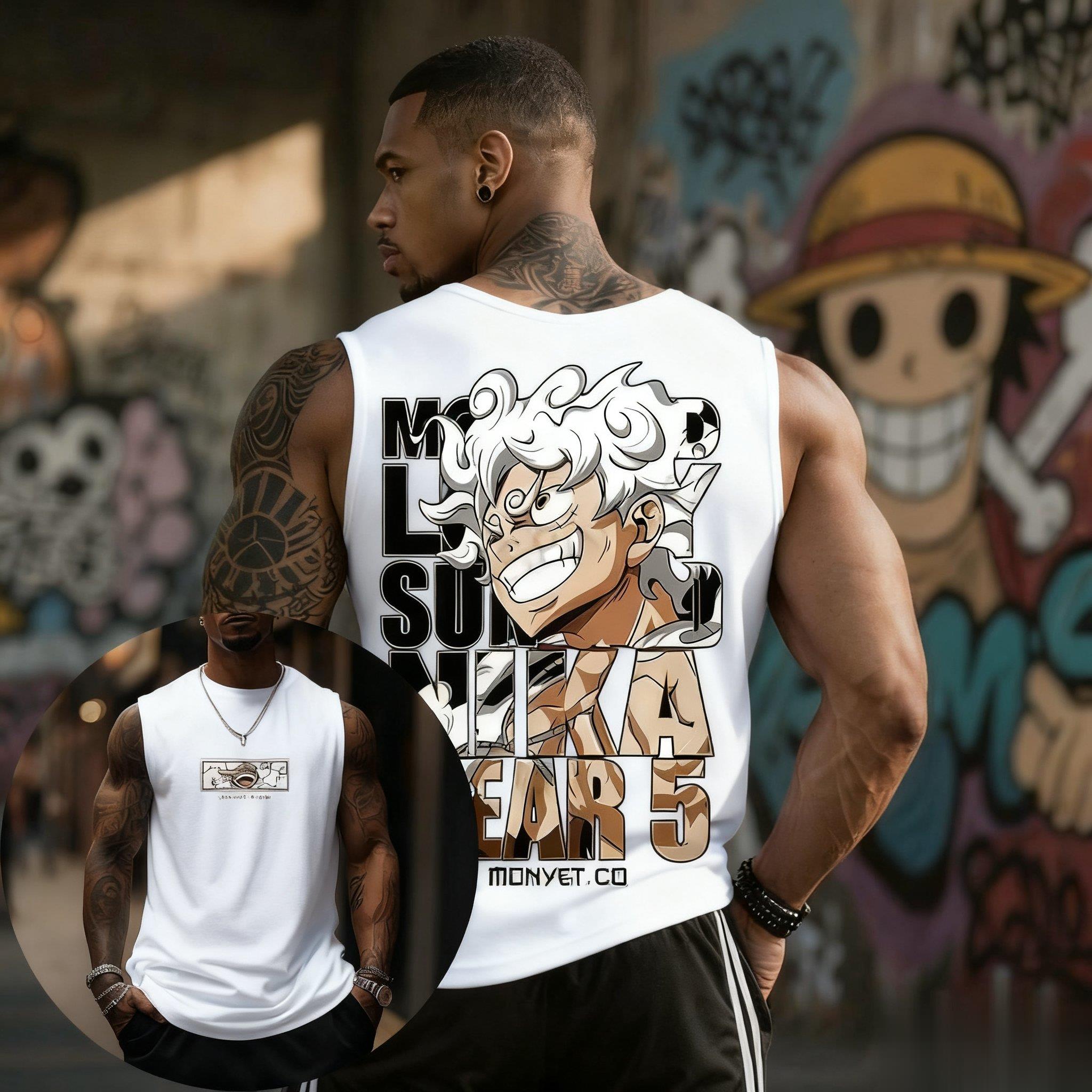 One Piece Luffy Gear 5 Tank To - Streetwear Gym Brand ulasan dan harga